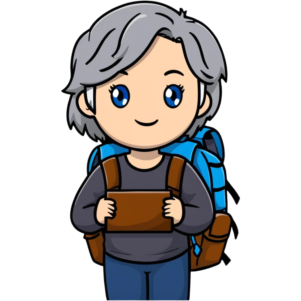 white woman park ranger with blue eyes, brown and gray hair, wearing a backpack emoji