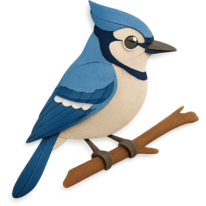 blue jay sitting on a branch, delicate paper layers, expressive eye, naturalistic pose emoji
