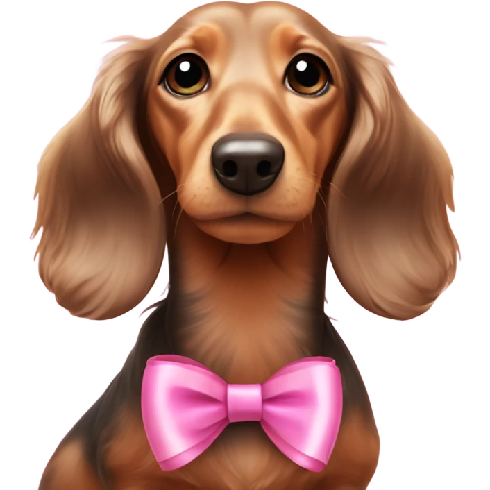 miniature long-haired dachshund with pink ribbons in her ears ￼ emoji