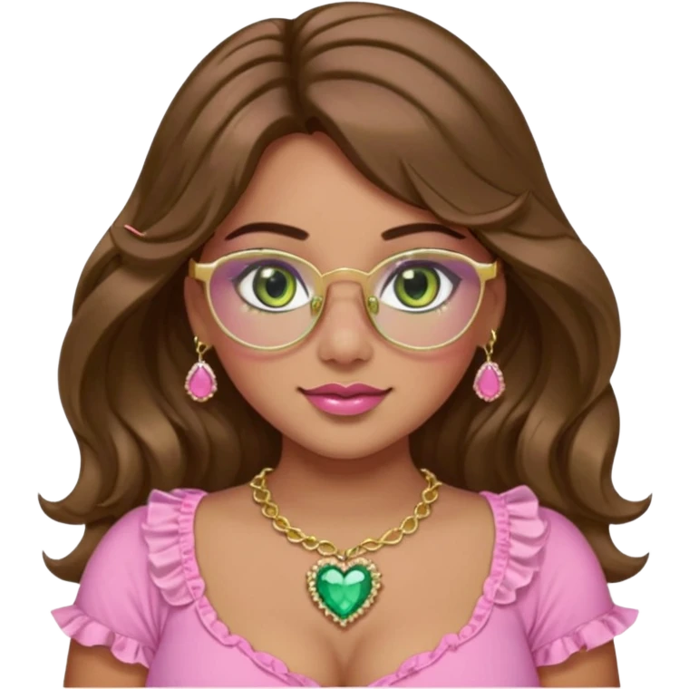 Girl girl with middle parted long wavy brown hair. green gold eyes. Plus size. pink frilly top. gold nose ring. pink heart crystal necklace. Gold rimmed glasses. Long eyelashes emoji