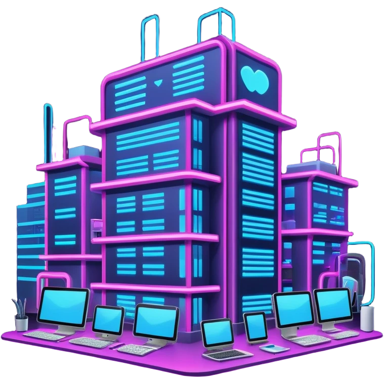 building surrounded by computers and tech gadgets emoji