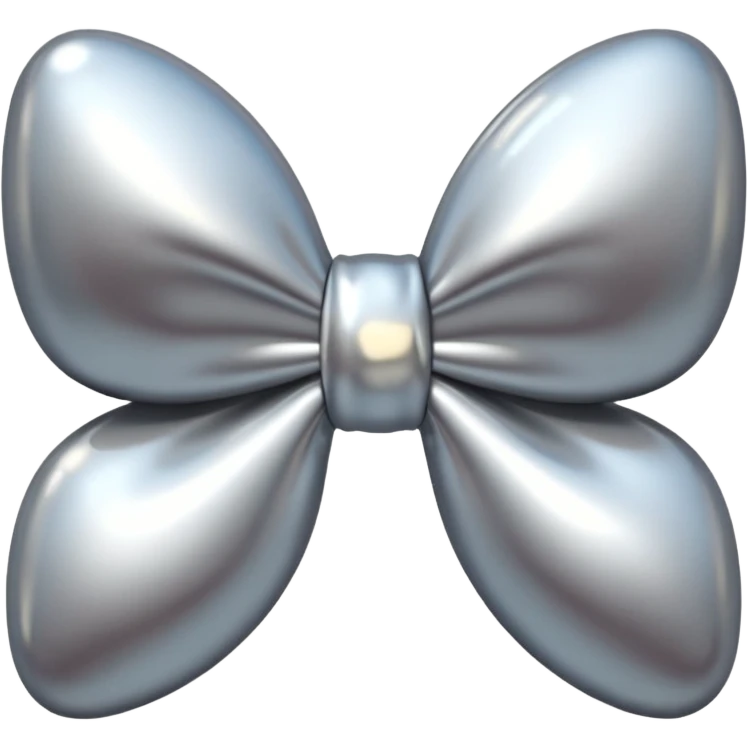 A cute bow emoji made of polished silver chrome, smooth rounded loops, glossy metallic surface, soft mirror reflections, subtle highlights, minimal and adorable proportions, iOS emoji style, centered composition, clean white background, soft studio lighting, no text, no outline, ultra high quality emoji