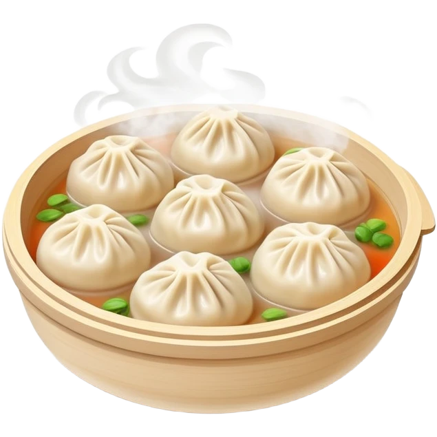 Hangzhou Xiaolongbao steamed soup dumplings with steam rising, simplified emoji style with bold outlines and bright colors, cartoon style Zhejiang specialty emoji