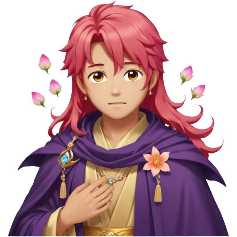 Beautiful gorgeous blushing anime guy with beautiful fiery-special-medium-long-hair, fashion aesthetic, ethereal, fairycore, pastelcore, flower petals, crystals, layered robes, toga, cloak scarf, accessories, jewelries, gold, colorful, shiny, trending style, outside emoji
