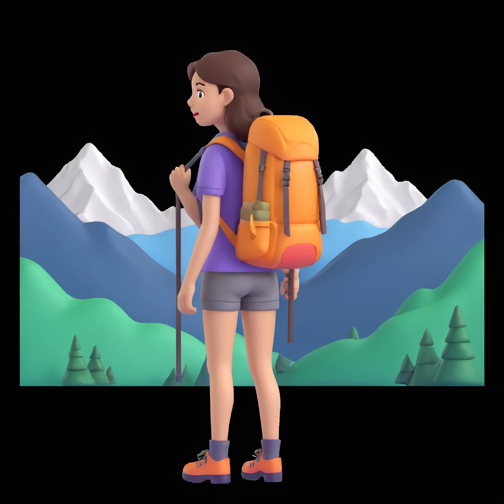 portrait of girl back packing mountains in background, close up pose emoji