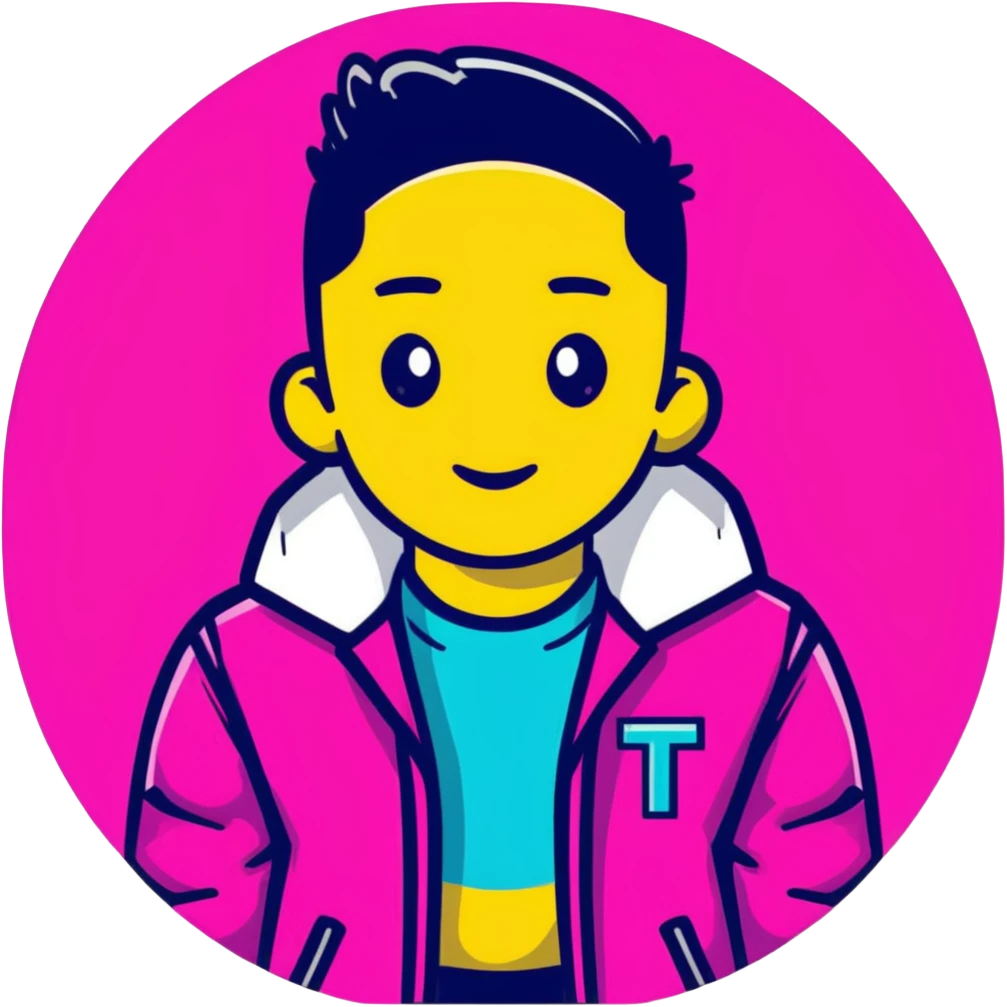 Minimalist sticker with white 'tt' letters on a black circle with cyan, magenta, and yellow dots below, jacket with street style influence emoji