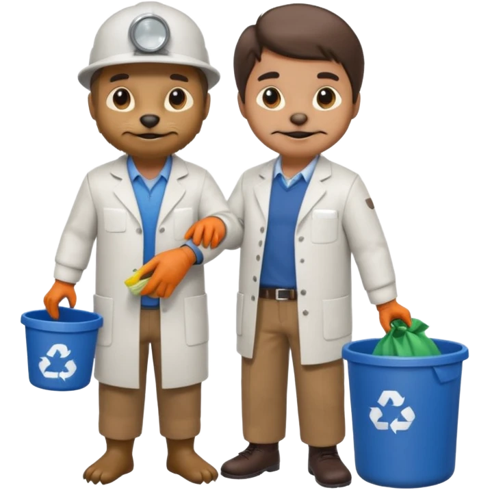 an otter disguised as a man picking up trash bins, next to a mad scientist emoji
