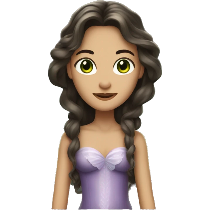 Brunnette woman with very long hair wavy style, dark green eyes And dressed as a fairy emoji