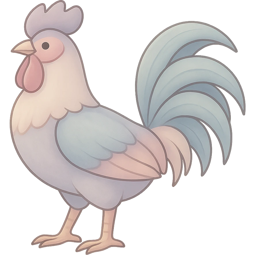 Edit the image to depict a rooster as the symbol of the year in Feng Shui, in a Chinese Eastern style. Use thin, clean contours and soft rounded shapes. Apply a pastel palette with colors #98B5BC, #B5B3C1, #C9A3C9, #E4C0CA, #F7DCD1, #F7C0AA. Include detailed shadows and highlights with soft lighting. Keep the silhouette and appearance as in the reference. Make it less cute and without decorative elements. Transparent background. emoji