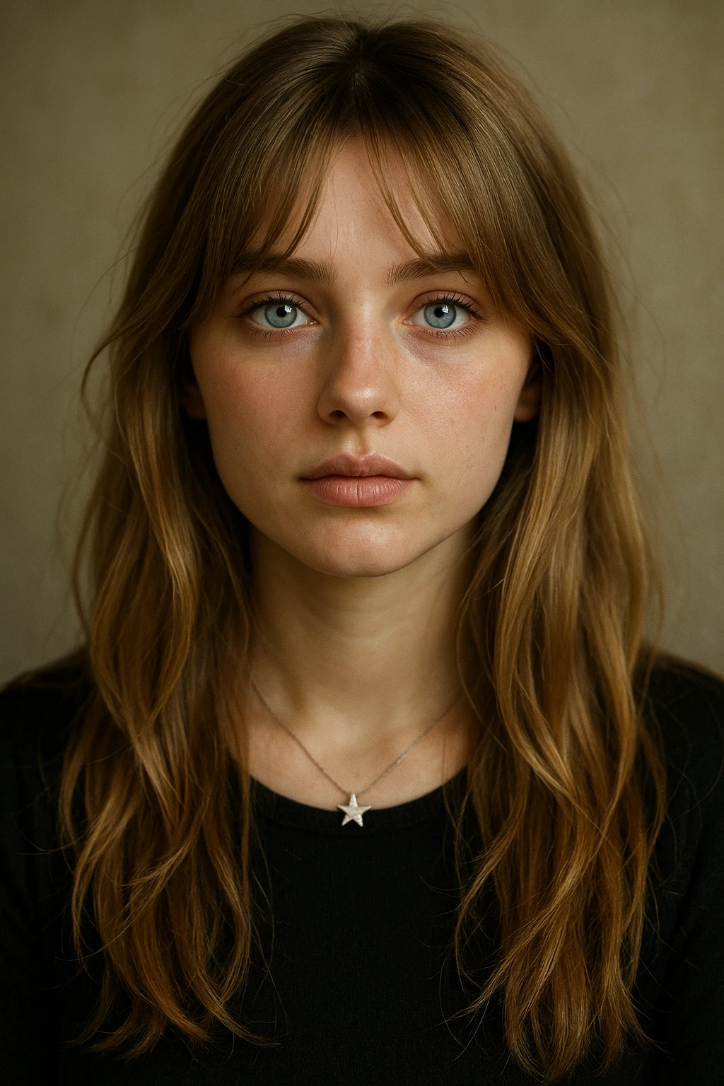 portrait of a girl with blue eyes, dirty blonde long hair with curtain bangs, wearing a small silver star necklace, soft lighting emoji