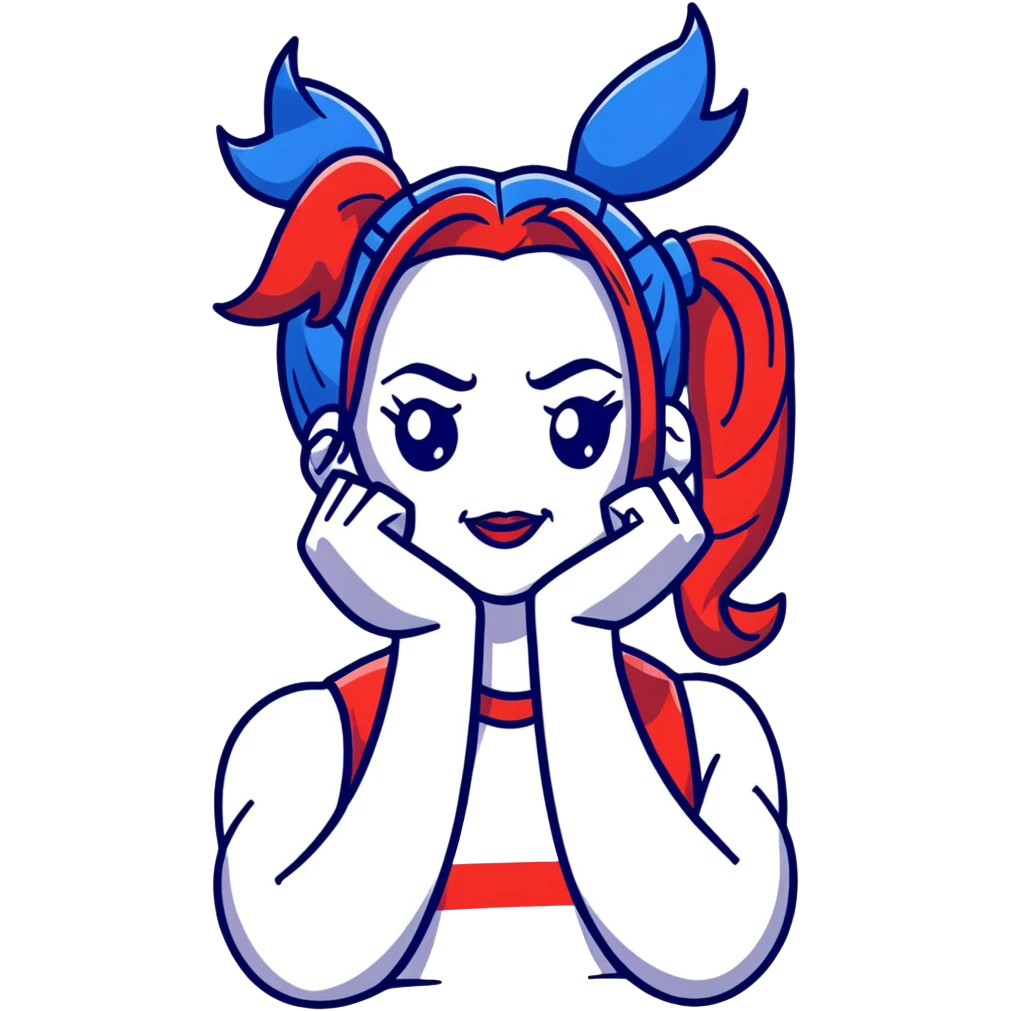 Harley Quinn style hair with red and blue ponytails emoji
