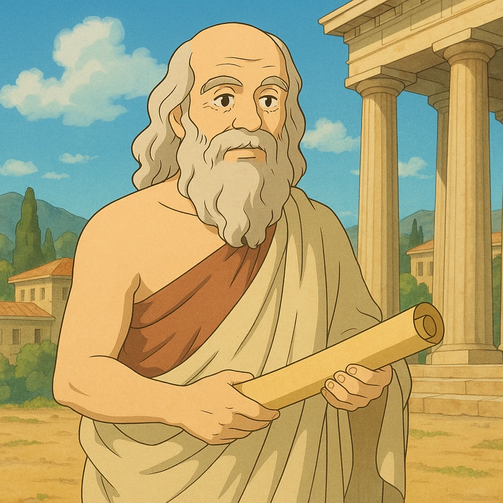 ancient Greece philosopher with scroll, togas in ghibli style emoji