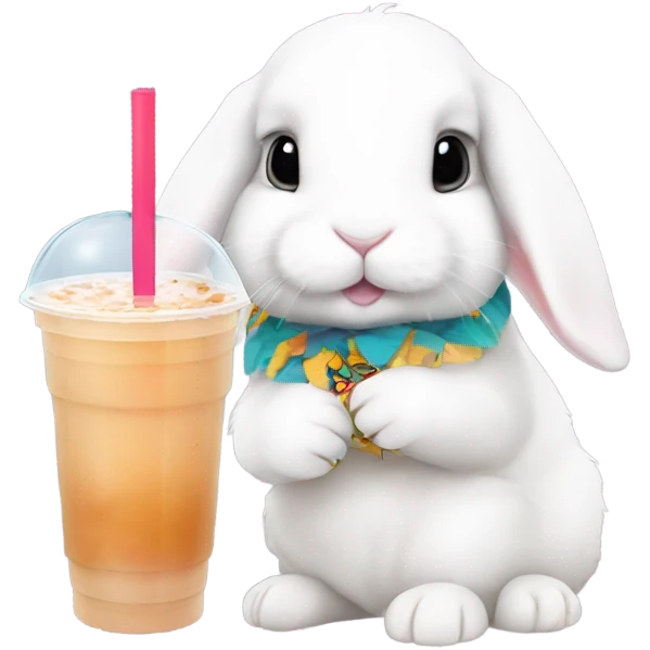 White mini lop rabbit drinking boba tea emoji