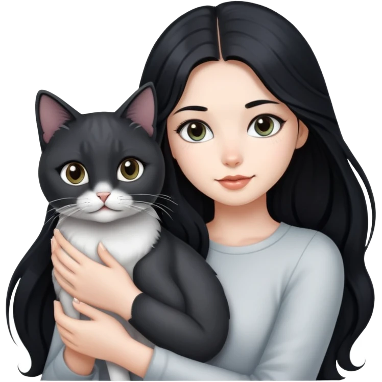 beautiful girl with long black hair holding a silver-colored cat emoji