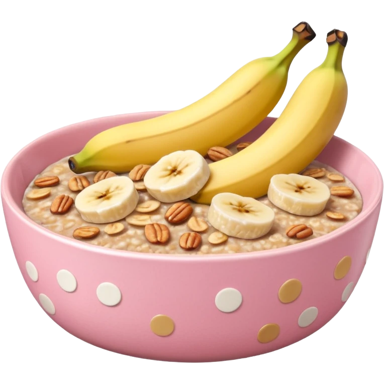 banana baked oats in a bowl like oat meal with a couple banana slices on top that look a little bit caramelised and a light pink bowl with white polka dots emoji