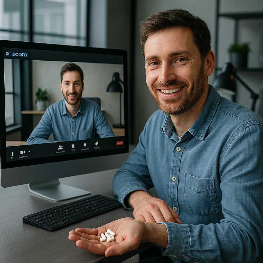 Man in his mid-30s at desk, Zoom call on screen, smiling for camera, hidden hand holding caffeine pills, screen reflection shows tired, collapsed posture, virtual avatar upright, hyperrealistic 4K, modern office emoji