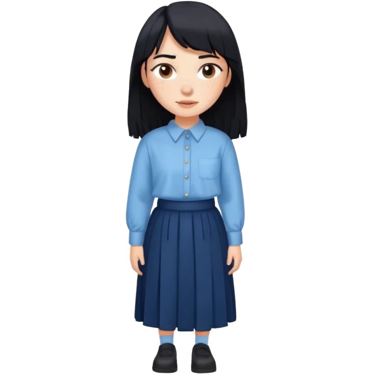 hair : black long hair with fringe 
skin : light with freckelt
cloth : oversize light blue shirt + navy long long skirt 
 emoji