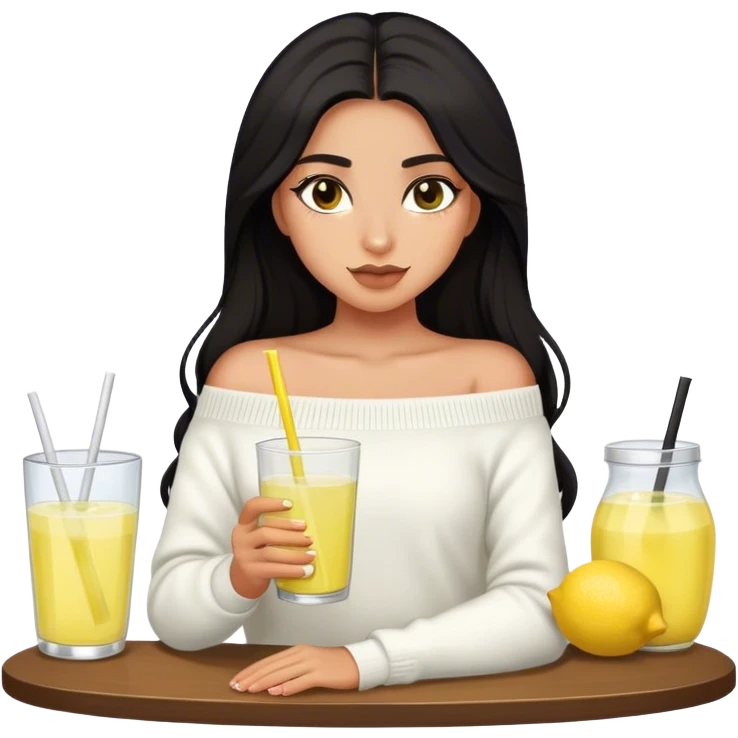 Latina girl with dark long hair and dark eyes and olive skin wearing white off shoulder sweater with lemonade emoji