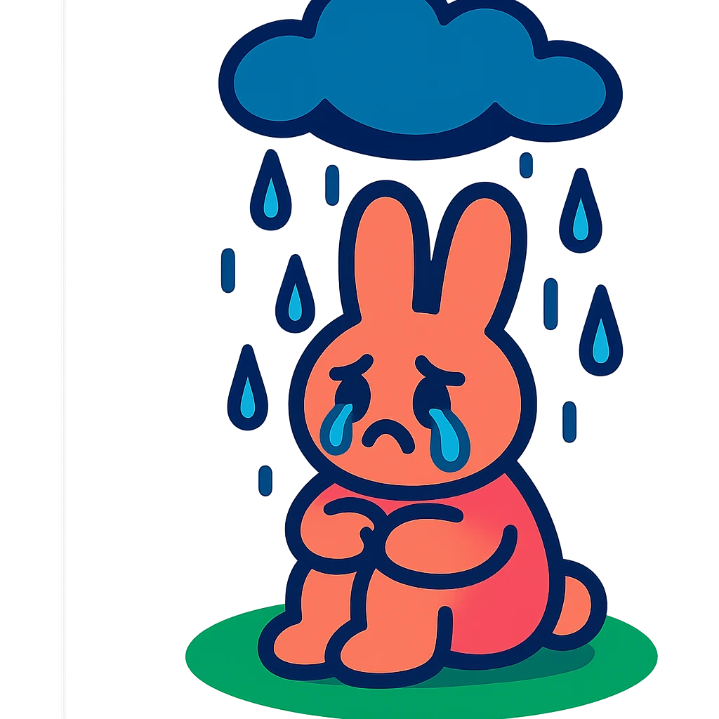 marshmallow bunny sitting with tears under a raincloud, vibrant-toon style emoji