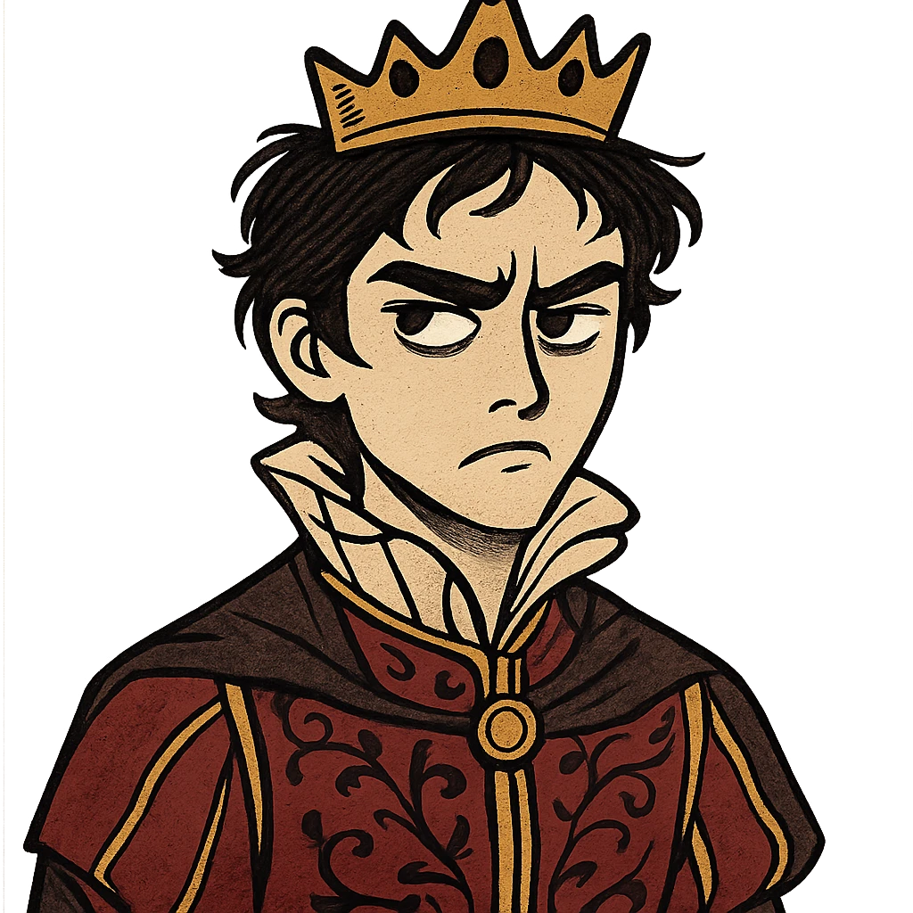 annoyed prince with crown, very light skin, dark eyes, dark hair, distinct style emoji
