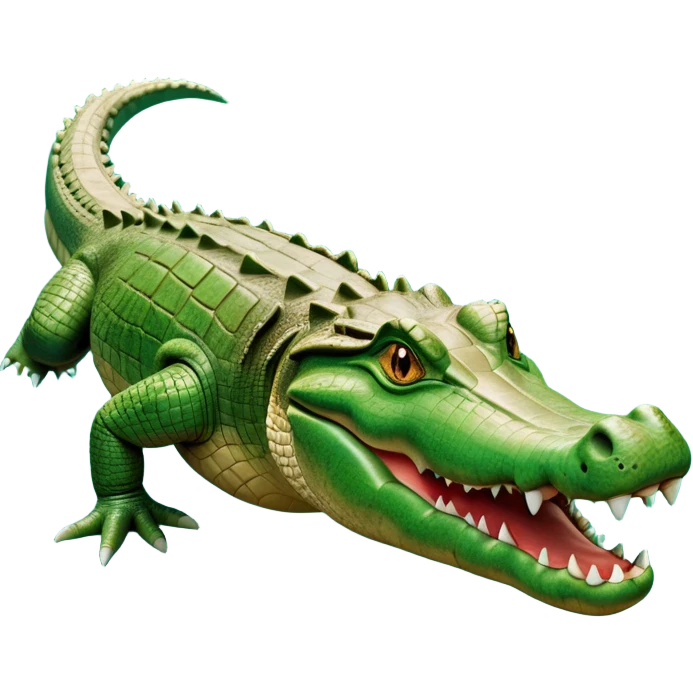 cinematic-crocodile-realistic-full-body-on all fours-emoji,-massive-scaled-body-partially-submerged-in-shallow-water,-head-tilted-dramatically,-rough-green-and-brown-hide-textured-with-deep-ridges,-simplified-yet-realistic-focused-features, head held high emoji