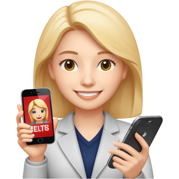 3D emoji style sticker, confident young woman, white background, smiling, holding a smartphone with IELTS result screen showing Overall 8.0, acceptance letter from a European university visible, calm confident energy, soft lighting, minimalistic, clean astrology emoji style emoji