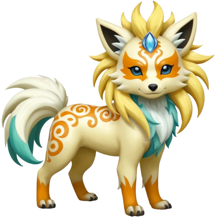 Tropical Tiny Marked Patterned Tribal Shiny Albino Painted Oriental Asian Patterned Tropical Exotic Toxic Suicune-Arcanine-Meloetta-Renamon-Absol-fusion-hybrid-creature (full body) emoji