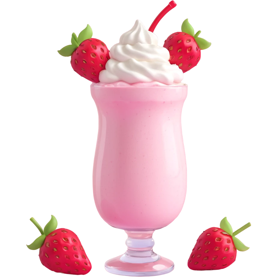 3D style strawberry milkshake with pink hue and cherry on top, whipped cream, sparkles emoji