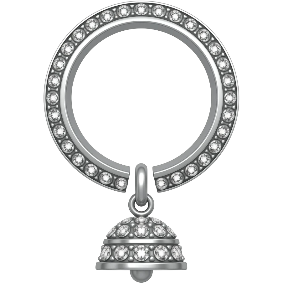 One single jhumka in silver colour top circle plate not ring , down upside down bell shaped silver , cover the top ring inside with stones , top ring also with the same stones emoji