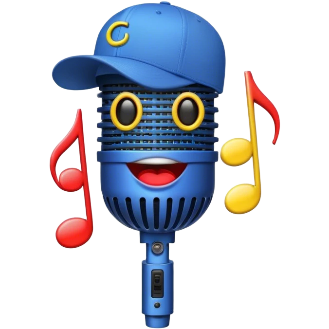 Create a bold and playful emoji that represents beatboxing. The design should feature a microphone with a cap placed on top, with large lips peeking out from under the cap. From the lips, bass clef symbols are bursting outward, symbolizing the vocal percussion and rhythm of beatboxing. Add soundwaves or beat patterns to reflect the energetic and creative nature of the art form. Use vibrant, bold colors like neon blue, red, and yellow to convey the street culture and intensity of beatboxing. The background should be transparent. emoji