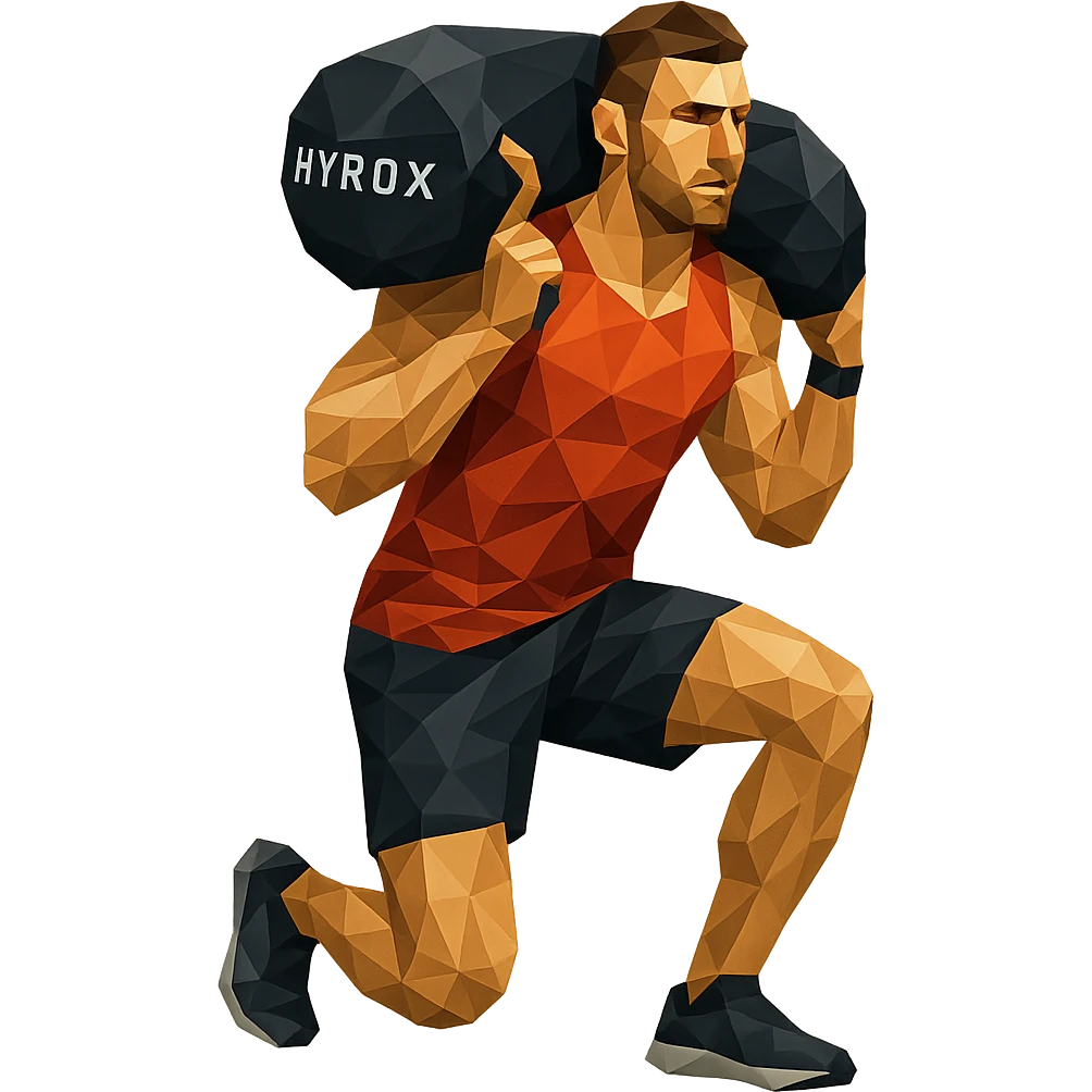 polygonal low-poly style athlete carrying a Hyrox sandbag on shoulder emoji