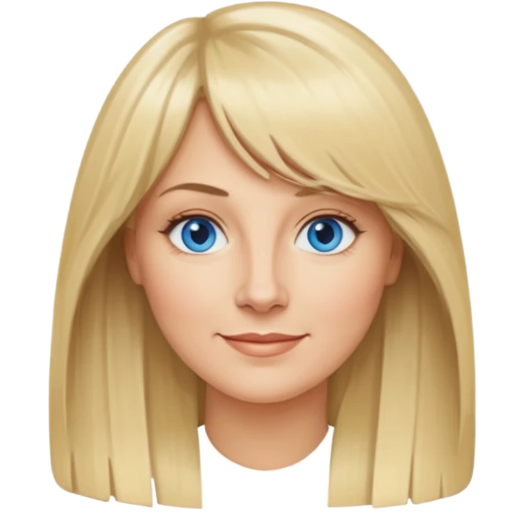 40 yr old white woman, curtain bangs, long straight blond hair, oval face, small smile, blue eyes emoji