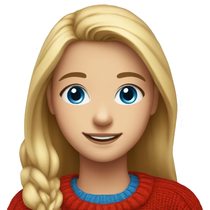smiling girl in red sweater blue eyes emoji