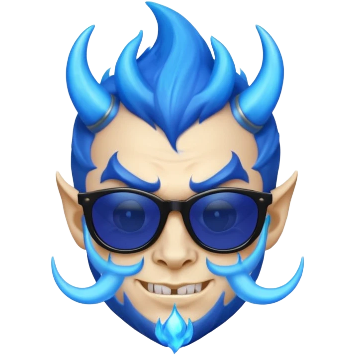 Cool devil with blue flame tail and shades, cute face, half body emoji