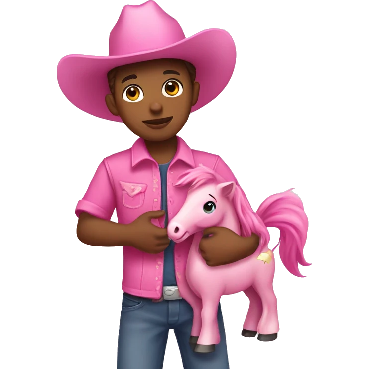 boy wearing a pink cowboy hat with pink dress holding a pink pony toy emoji