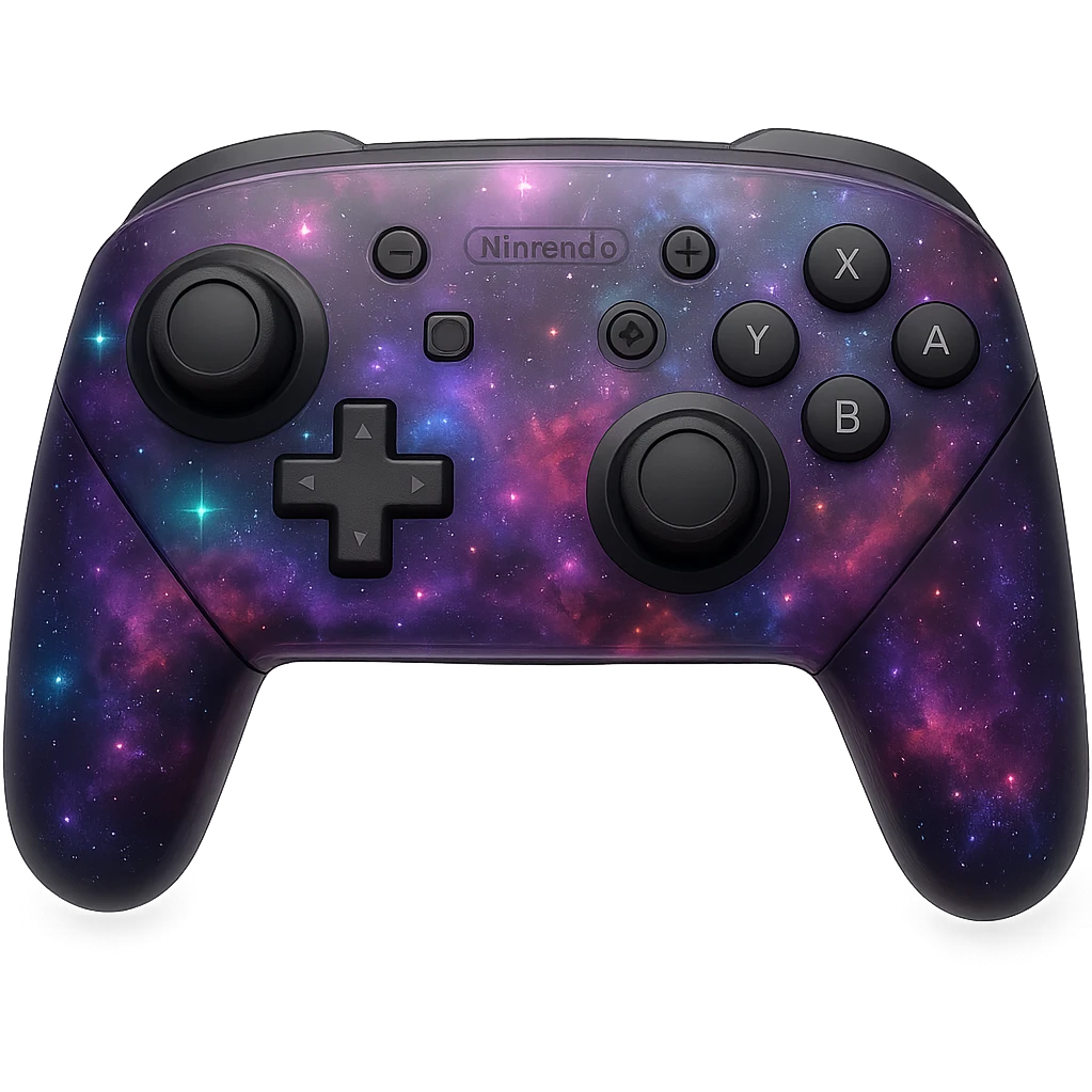 Nintendo Switch Pro controller in a purple galaxy style, featuring RGB illuminated stars, colorful nebulae, futuristic look emoji