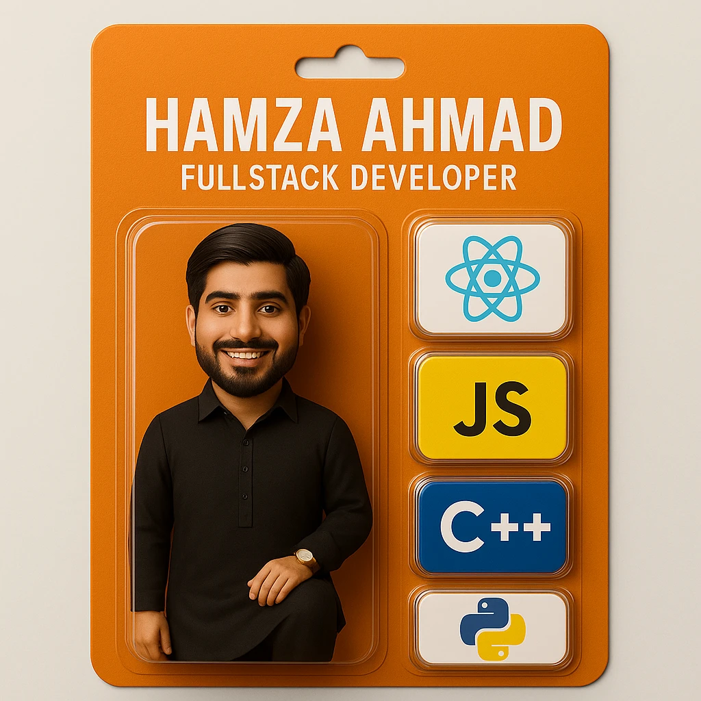 Create a realistic action figure toy of the person in the photo, matching the exact pose, facial structure with sharp jawline, hairstyle, and style of the provided reference image. The figure should be inside its own blister, wearing a black kurta, with a strong orange card. Next to the figure, include four separate blisters with: 1) React logo, 2) JS logo, 3) C++ logo, 4) Python logo (no repeats). On top of the box, write 'Hamza Ahmad' and underneath, 'FullStack Developer'. Match the realism, proportions, and layout of the reference image exactly. emoji