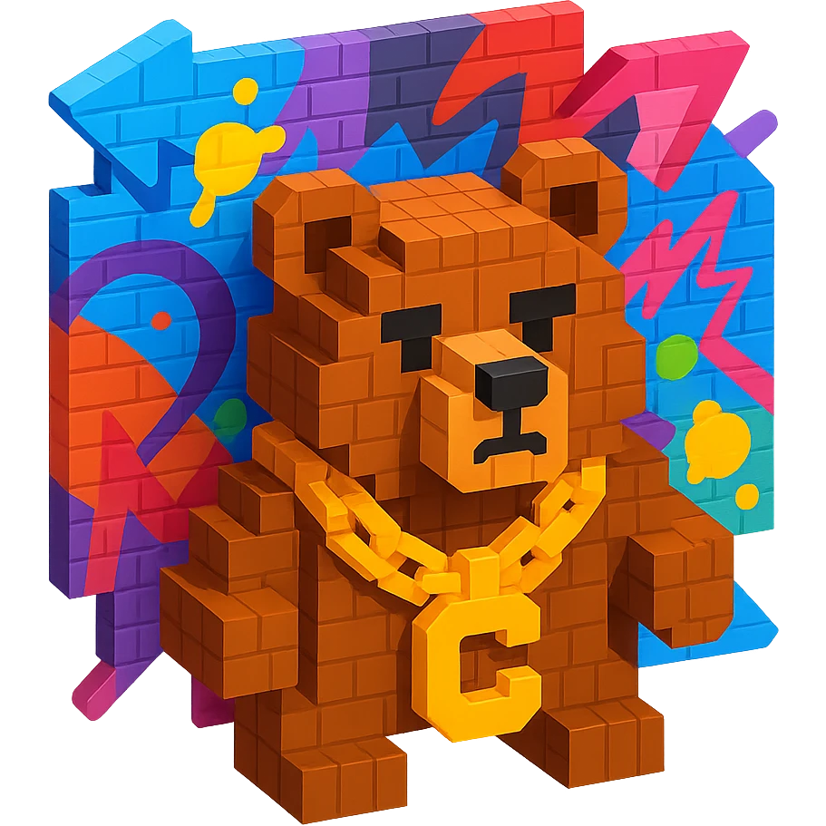 Russian grizzly bear with a chunky rapper chain, graffiti background emoji