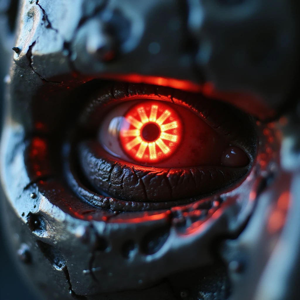 close-up of glowing red eye with metallic details, realistic style, Terminator emoji