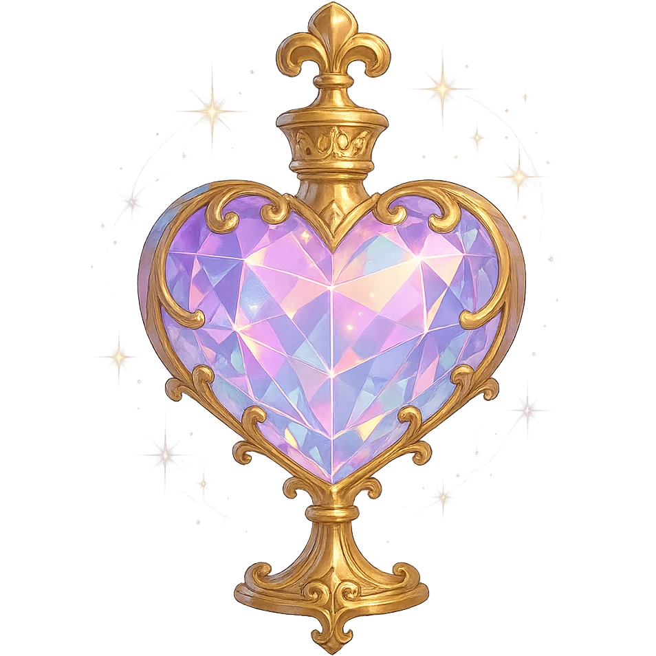 very luxurious crystal heart-shaped elixir bottle, pastel gradient, lots of glowing shine, facets, ornaments, golden details, magical effects, very small golden neck, transparent background, beautiful connected base, clearly floating in air, no base or shadow, premium class, matching collection emoji