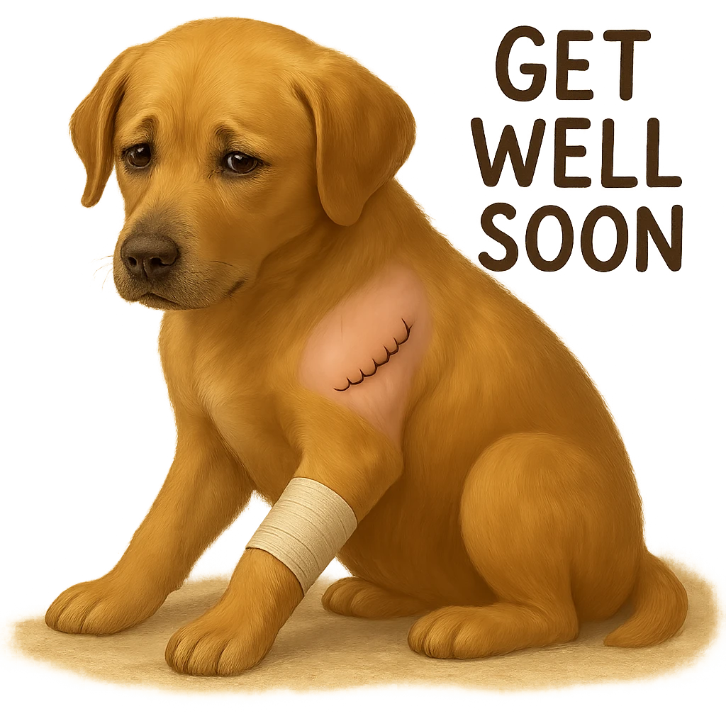 Add a 'get well soon' sign next to the dog. Keep the background transparent. emoji