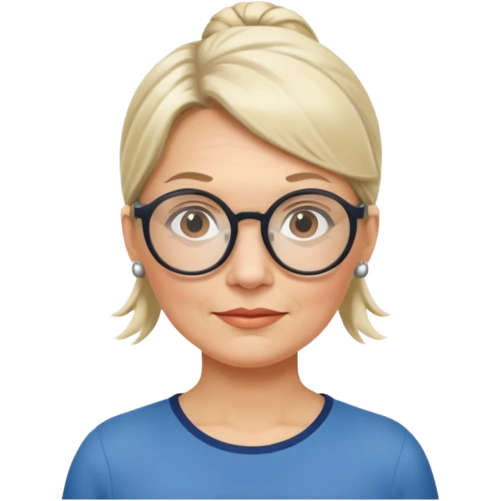 middle-aged Norwegian woman with a low ponytail and large round glasses emoji