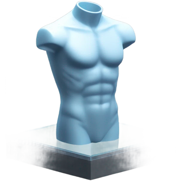 male mannequin abs cubes inside a glass cube on a stand isometric view emoji