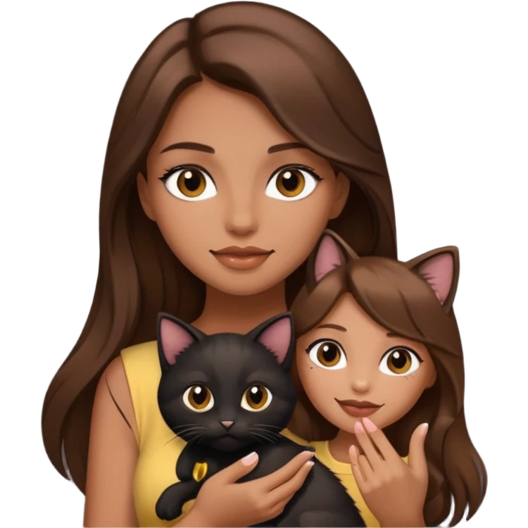 pretty girl with brown long hair and makeup, holding a black kitten, emoji style emoji