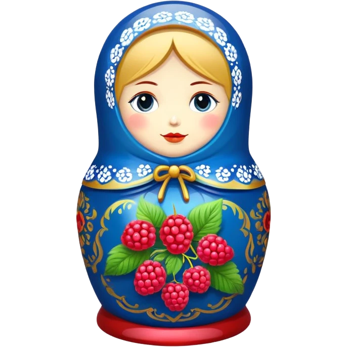 blue khokhloma-painted matryoshka doll with raspberries inside emoji