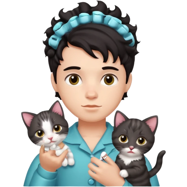 dark-haired boy with curlers and a kitten emoji