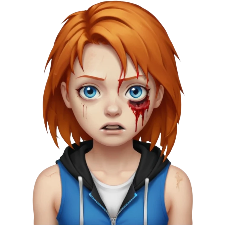 сделай рыжую девушку зомби с избитым лицом, не в полный рост, пусть ее рыжие волосы будут ниже груди с осветленными прядями, глаза у нее будут голубые, а одета она будет в дранную белую майку и черную зип худи emoji
