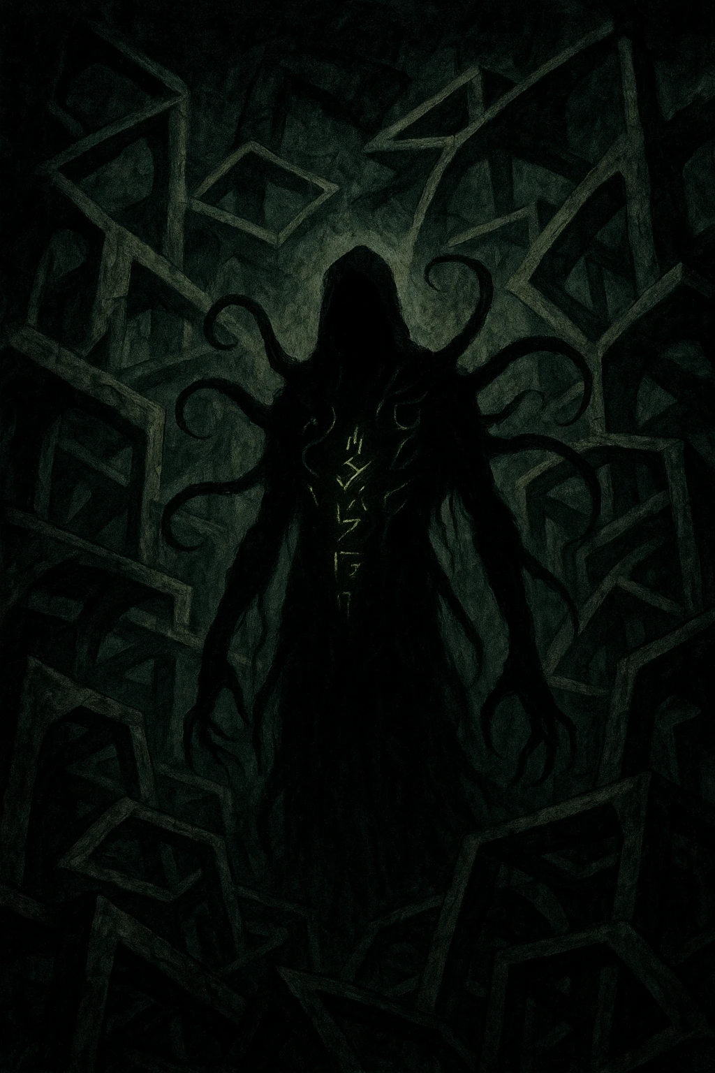 eldritch horror, shadowy figure, impossible geometry, glowing runes, disturbing, horror style emoji