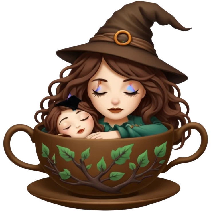 cute forest witch woman long wavy brown hair tattoos sleeping inside teacup emoji