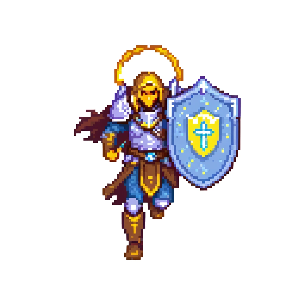 running paladin with glowing holy aura and shield emoji
